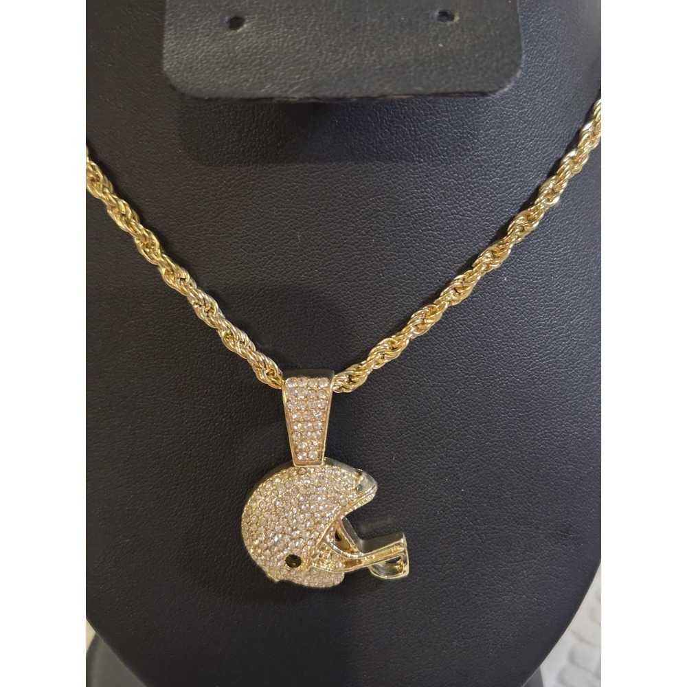 Iced Cz‎ 14k Gold Plated Football Player Helmet Pendant 24 Rope Chain Necklace - Picture 3 of 9